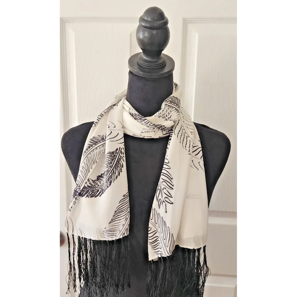 Allison W Black and White Feather Print Silk Oblong scarf  48